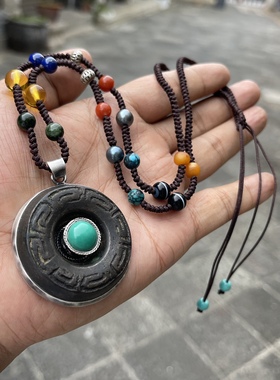 老天铁包老银子镶嵌绿松石配多宝链 绿幽灵 金珀 青金石 掐丝老银