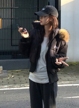 实拍SRIKERLAB冬季短款皮草连帽羽绒服收腰显瘦高级感大毛领棉女