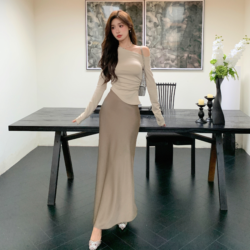 实拍 纯欲斜肩设计抽褶收腰上衣女高级感醋酸A字裙半身裙套装