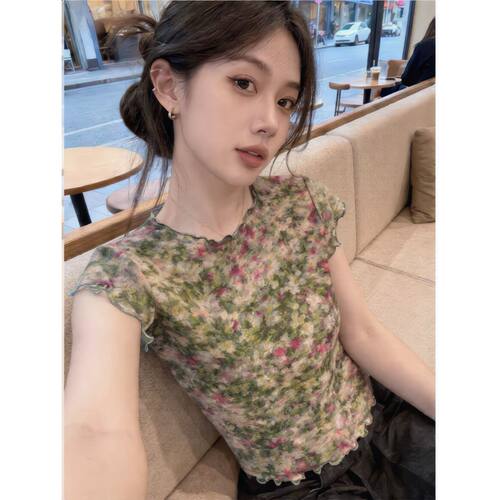 轻熟风花卉印花网纱短袖T