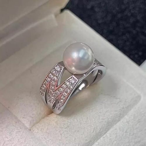 DIY珍珠小配件 S925纯银饰品 时尚M款戒指空托 配11-13mm圆珠