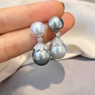DIY珍珠耳钉配件 S925纯银饰品 双珠时尚耳钉女空托 配8-12mm圆珠