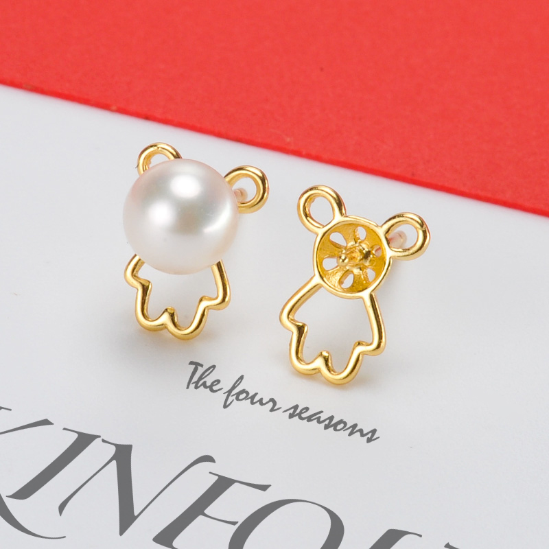 DIY珍珠配件 S925纯银珍珠耳钉空托女 小熊款耳环 配4-6mm圆扁珠