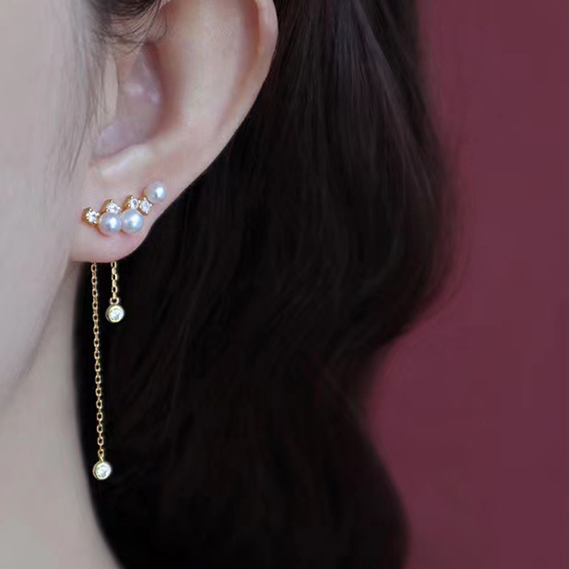 DIY珍珠耳钉配件 S925纯银饰品 时尚多珠耳环女空托 配4-5mm圆珠