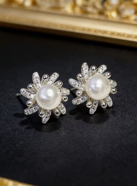 DIY珍珠配件 S925 纯银耳钉空托 金色银色雏菊银饰耳环 配4-5mm圆