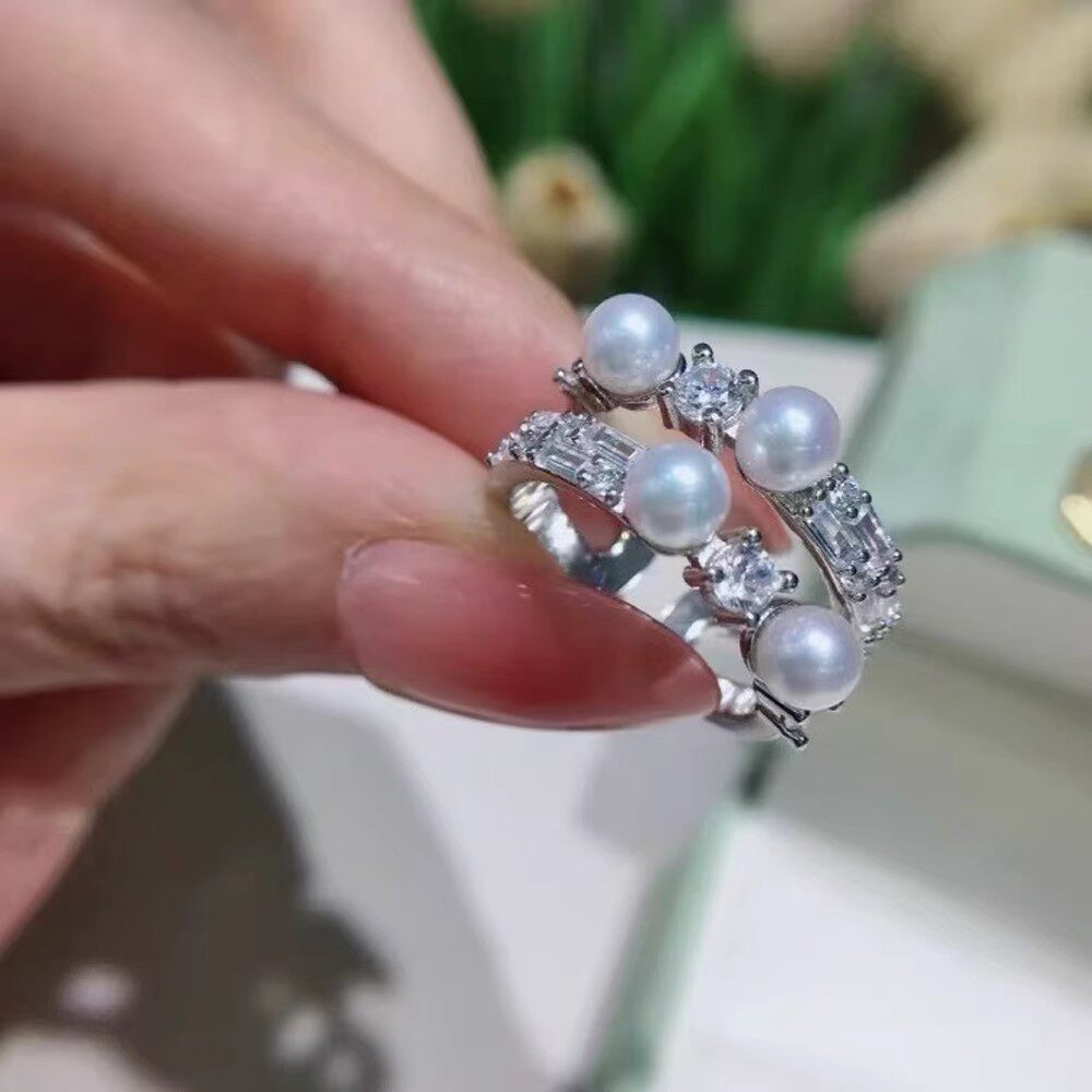 DIY珍珠小配件 S925纯银饰品 多珠金色银色戒指空托 配5-6mm圆珠