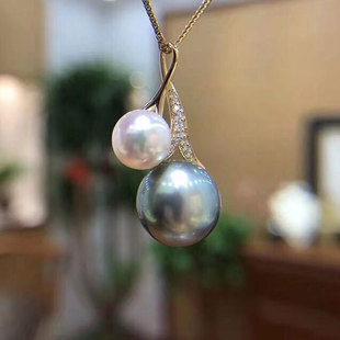 双珠款 9mm正圆珠 S925纯银珍珠玉石吊坠空托女 DIY珍珠配件