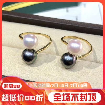 DIY珍珠小配件 S925纯银饰品 双珠金色银色戒指空托 配7-10mm圆珠