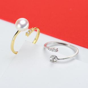 DIY珍珠配件 S925银 单排款珍珠戒指空托可调节 搭配7-8mm圆扁珠