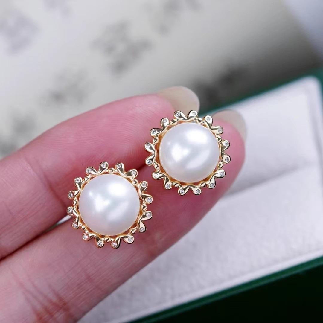 DIY珍珠耳钉配件 S925纯银饰品 金色银色耳钉空托 配11-12mm圆珠