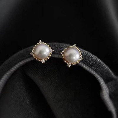 DIY珍珠耳钉配件 S925纯银饰品 时尚女款耳环女空托 配5-6mm圆珠