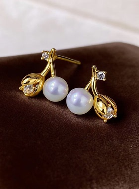 DIY珍珠配件 S925 纯银耳钉空托 金色银色银饰耳环女 配4-6mm圆珠