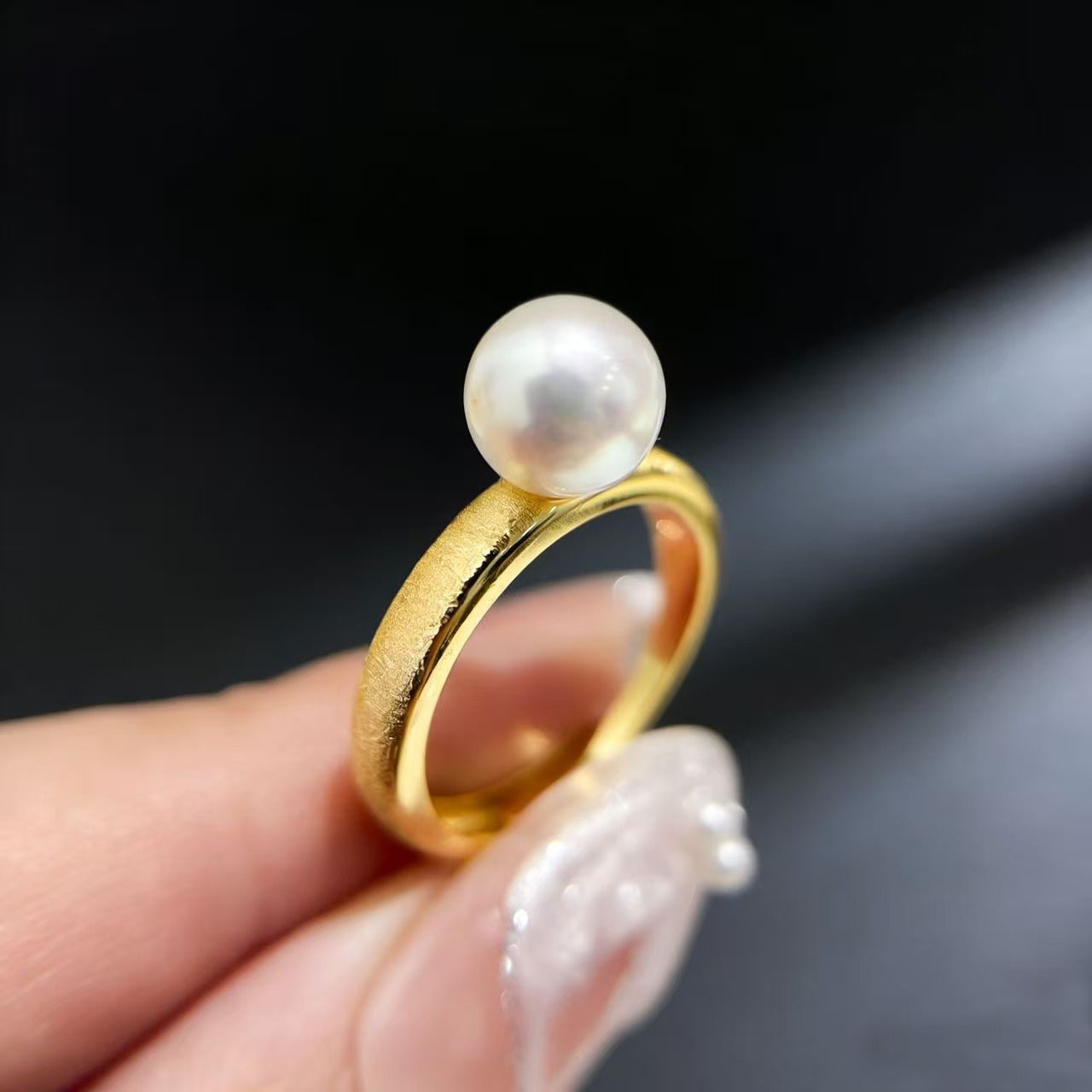 DIY珍珠小配件 S925纯银饰品 磨砂金色银色戒指空托 配7-9mm圆珠