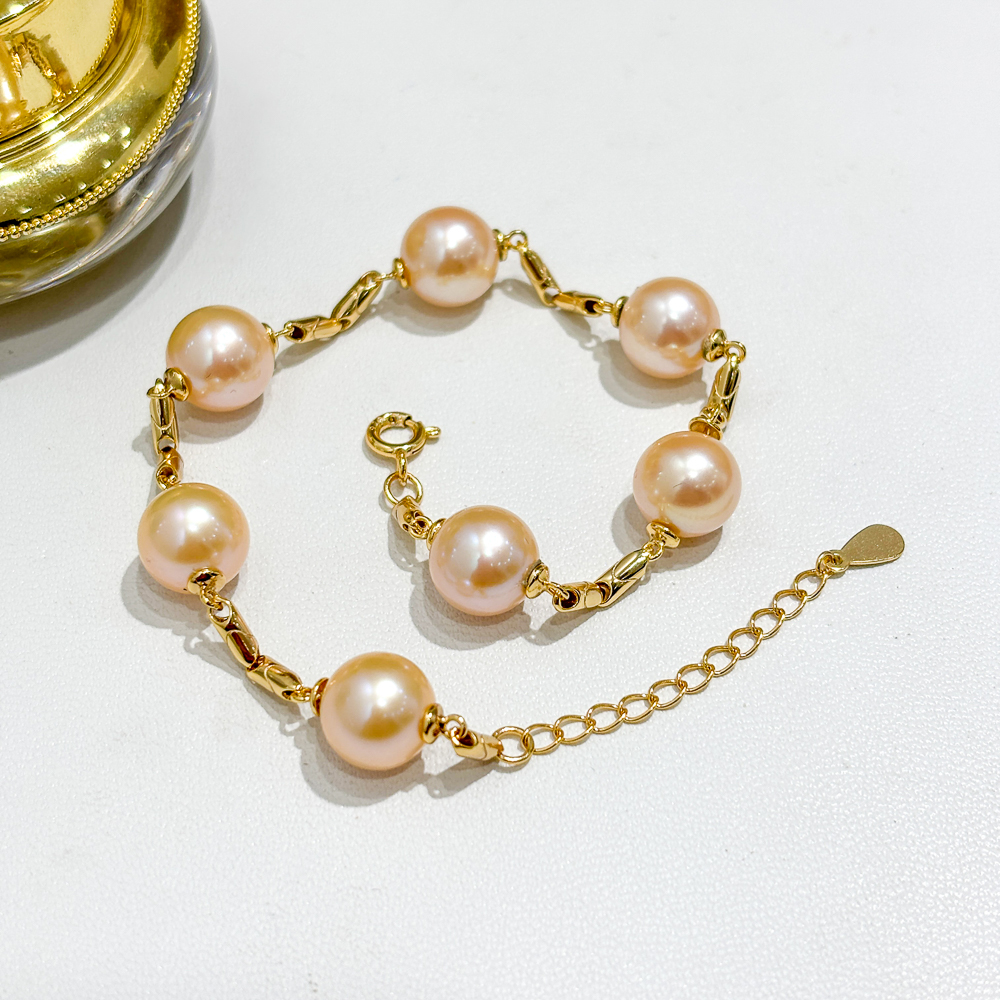 DIY珍珠配件 S925纯银手链空托 时尚款金色银色手镯 配7-10mm圆巴