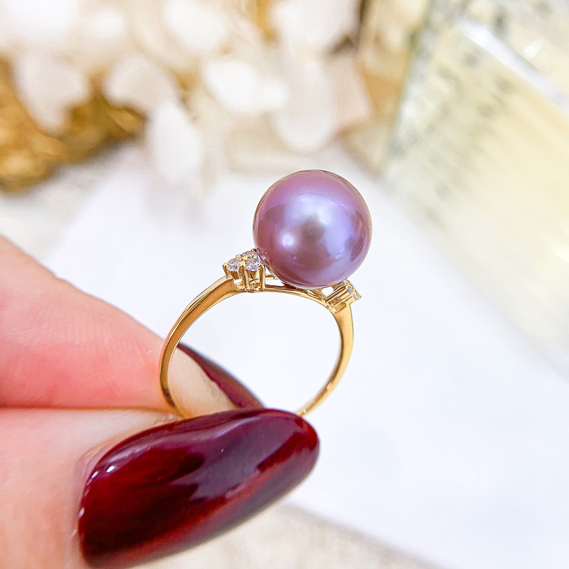 DIY珍珠配件 G18K黄金珍珠戒指空托 三角指环款 配10-12mm正圆珠