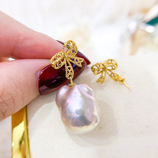 配9 DIY珍珠耳钉配件 耳环女空托 蝴蝶结款 13mm圆珠 S925纯银饰品