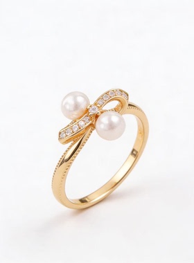 DIY珍珠配件 S925 纯银戒指空托 金色银色双珠银饰托 配5-6mm圆异