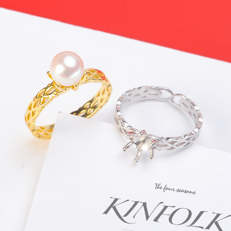 diy纯银珍珠玉石可调节戒指