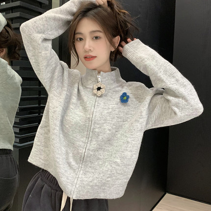 美式别致灰色拉链领毛衣外套女春秋冬小个子宽松短款针织开衫上衣