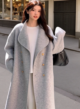 灰色羊毛双面呢大衣女25新款高级感韩系中长款小个子羊绒毛呢外套
