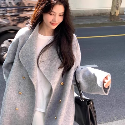 灰色双面羊绒大衣女2025秋冬新款