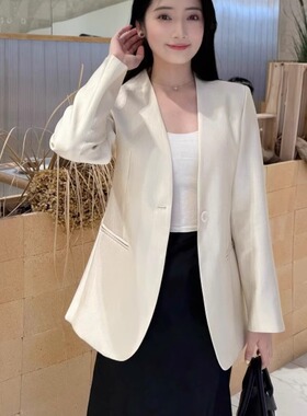无领白色西装女外套高级感2025春秋新款V领休闲修身显瘦气质西服