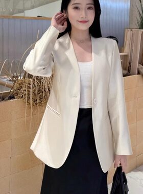 无领白色西装女薄款V领气质修身