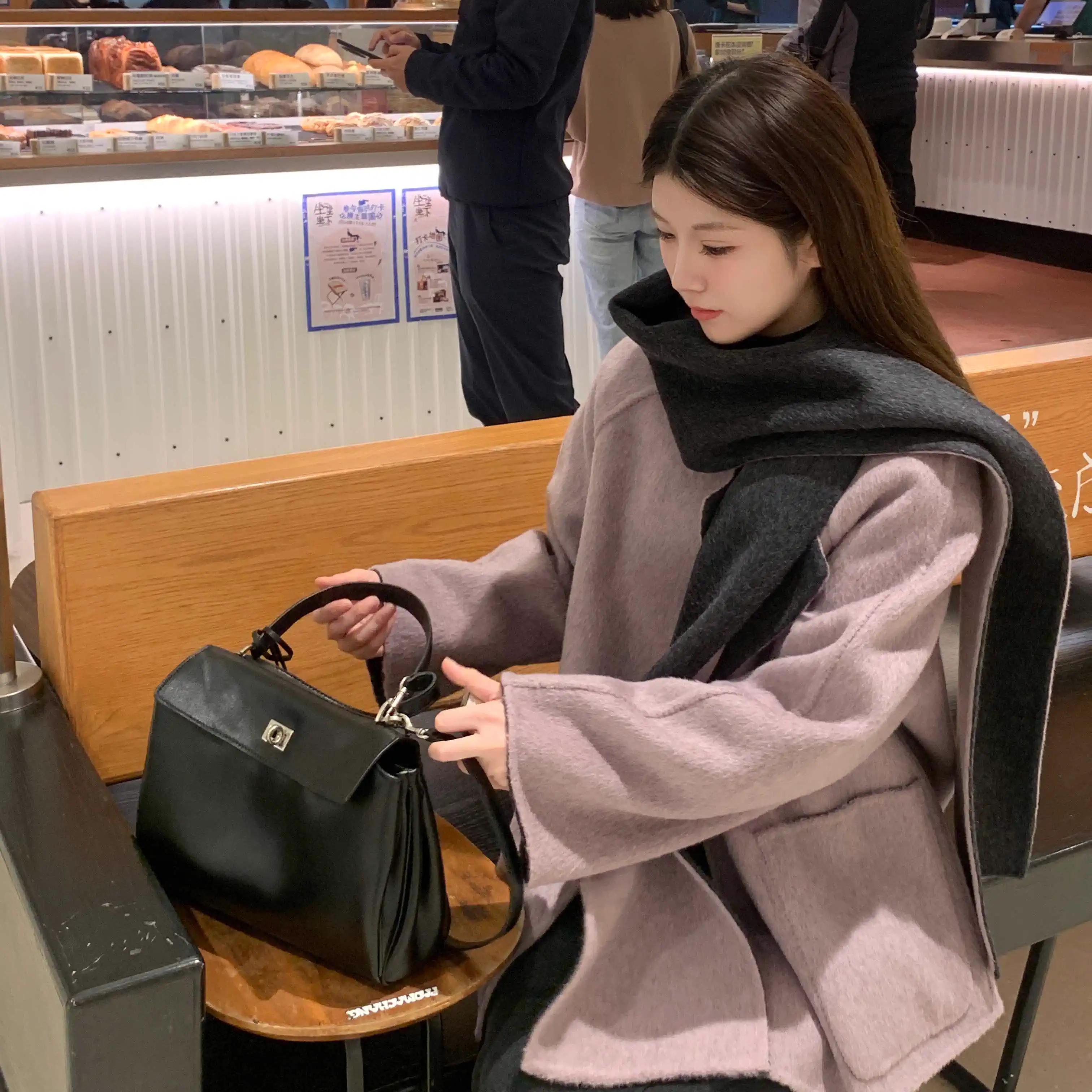 100澳毛 YIYUAN家渐变色高端宽松双面双穿围巾全毛羊绒大衣中长款