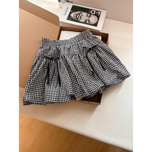 甜美风格子蝴蝶结松紧腰花苞裙女夏小个子高腰防走光A字裙蓬蓬裙