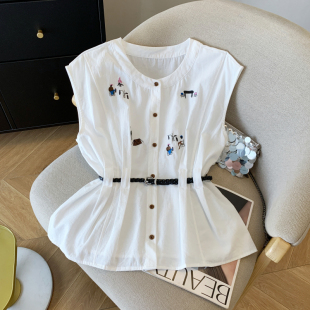 时尚 白色配腰带刺绣无袖 韩版 上衣女夏季 休闲百搭收腰显瘦上衣 衬衫