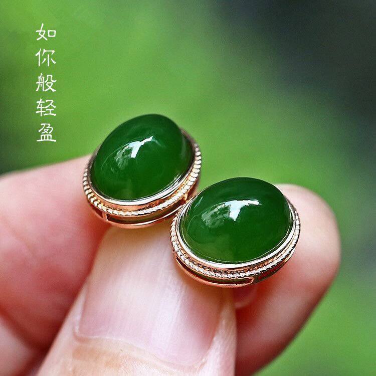 s925纯银镶嵌天然和田碧玉耳钉女防过敏气质百搭耳坠耳环古风新款