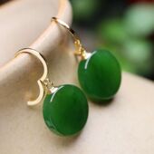 天然和田玉碧玉圆牌耳环玉石耳坠女时尚 气质百搭绿色国风耳饰耳扣