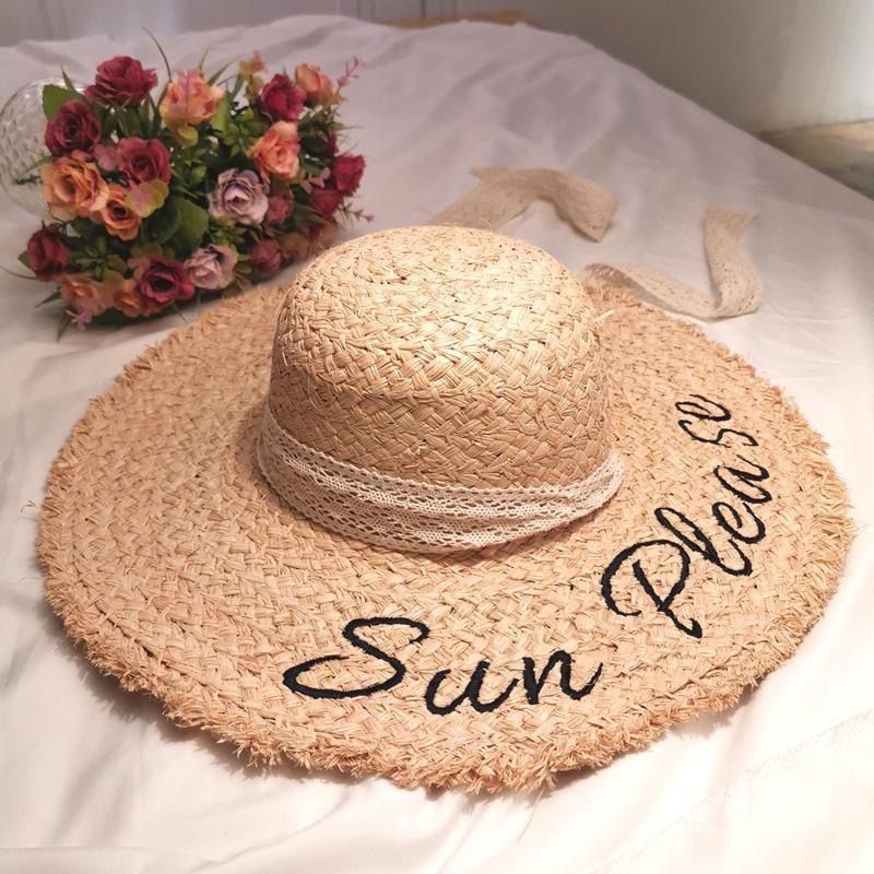 拉菲草帽子女夏季字母遮阳帽防晒帽沙滩帽子女式夏季海边度假帽子
