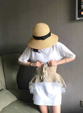 ins文艺编织拉菲草帽 蝴蝶结装饰防晒草帽遮阳帽 日系田园草帽女