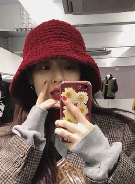 大头围毛线帽子女秋冬网红同款手工红色百搭时尚渔夫帽圆顶盆帽潮