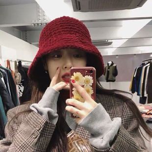 大头围毛线帽子女秋冬网红同款手工红色百搭时尚渔夫帽圆顶盆帽潮