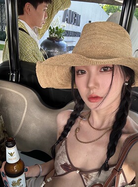 时尚博主同款大帽檐编织拉菲草帽女爵士顶草帽防晒遮阳钩针沙滩帽