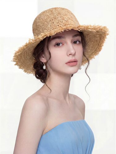 2026新款春夏手工钩针拉菲草帽女大檐草编渔夫帽户外防晒遮阳帽子