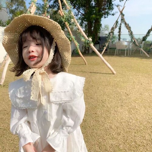春夏森系穿搭儿童渔夫帽日系绑带萝莉可爱宝宝遮阳草帽亲子可折叠