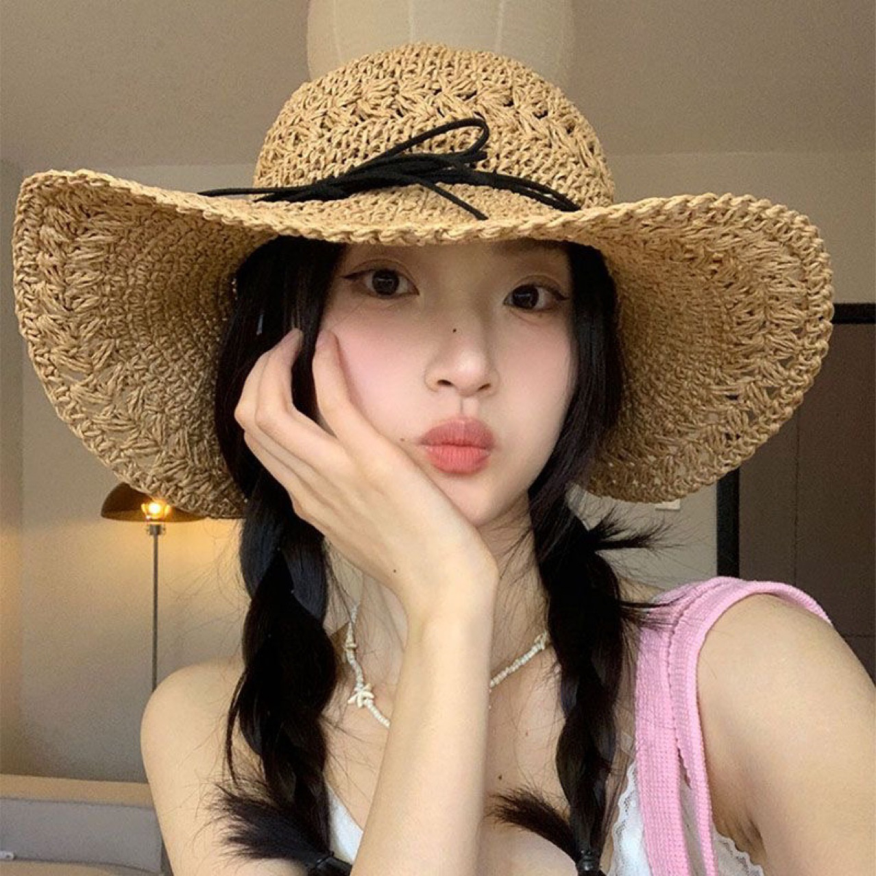 蝴蝶结草帽女2025新款镂空钩花可折叠海边沙滩大帽檐防晒渔夫帽