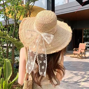 法式蝴蝶结系带圆顶拉菲草草帽女夏季海边大帽檐遮阳太阳帽子甜美