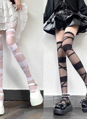 Lolita过膝绑带甜美长筒袜及膝薄款y2k辣妹绷带白丝jk小腿袜子女