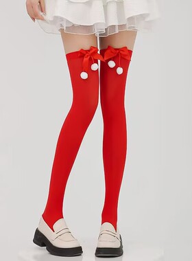 新品跨境蝴蝶结袜球球袜子过膝袜女长筒欧美节日大红长筒