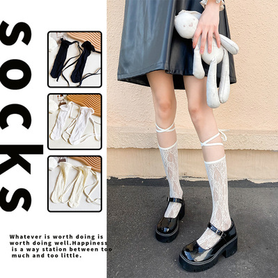 绑带网袜子女中筒春夏薄款透气ins潮网红袜子白色蕾丝小腿袜子女