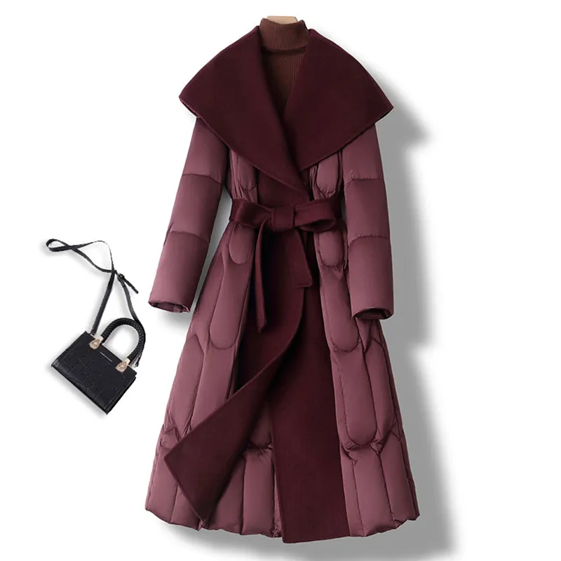 毛呢外套款秋冬新款双面羊毛拼接鹅绒大衣中长款系带修身羽绒服女