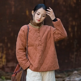 棉衣 加厚保暖女式 25冬新款 苎麻夹棉菱格绗缝套头棉袄原创改良个性