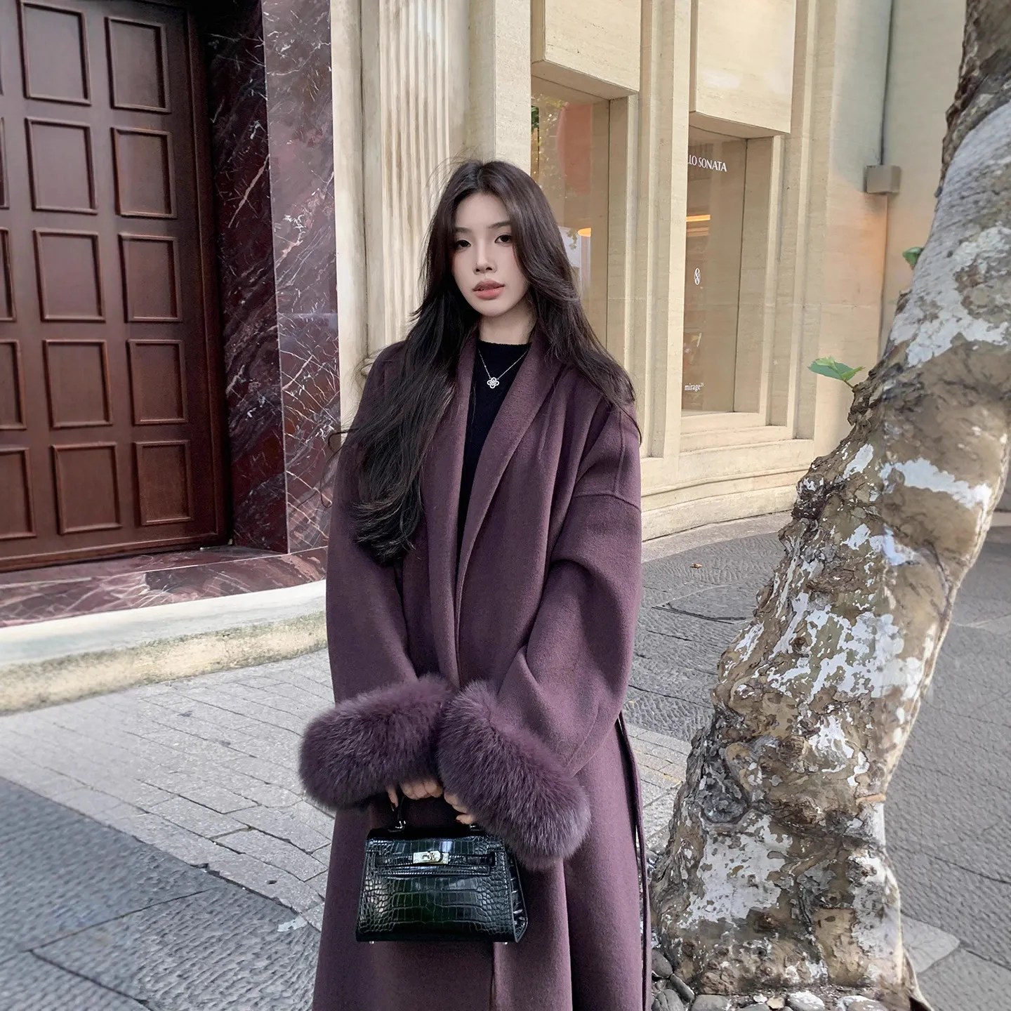 紫色狐狸毛袖口羊毛大衣女2025冬新款羊绒大衣毛呢外套留洋千金风