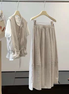 韩系百搭休闲马甲圆领T恤半身裙三件套女夏季老钱风气质减龄套裙