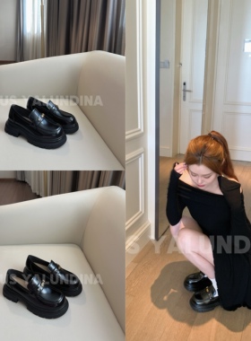 Uuuus【赫本穿搭】张元英同款~复古英伦真皮粗跟阿miu金币乐福鞋