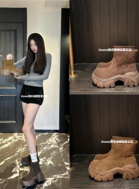 Uuuus【逆天长腿】雅伦迪娜磨砂牛皮复古厚底增高显瘦加绒短靴女